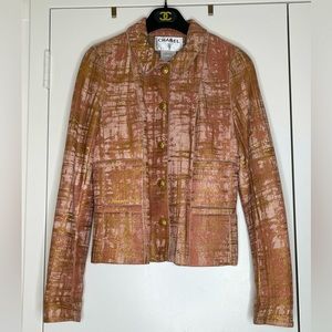 CHANEL 05A 2005 Fall Pink Gold Lambskin Fur Jacket CC logo Sz 38 Tweed Karl